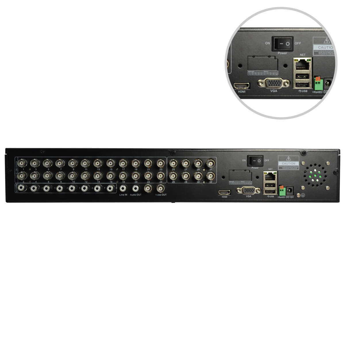 DVR 32-Ch, H264, Salidas VGA/BNC/HDMI, Audio 8-in/1-out, CIF